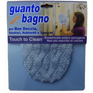 Guanto da bagno blu "Touch to Clean" per pulire docce, lavandini e rubinetti.