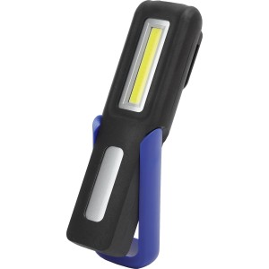 Lampada da lavoro a LED nera con supporto blu, ideale per officina e cantiere.