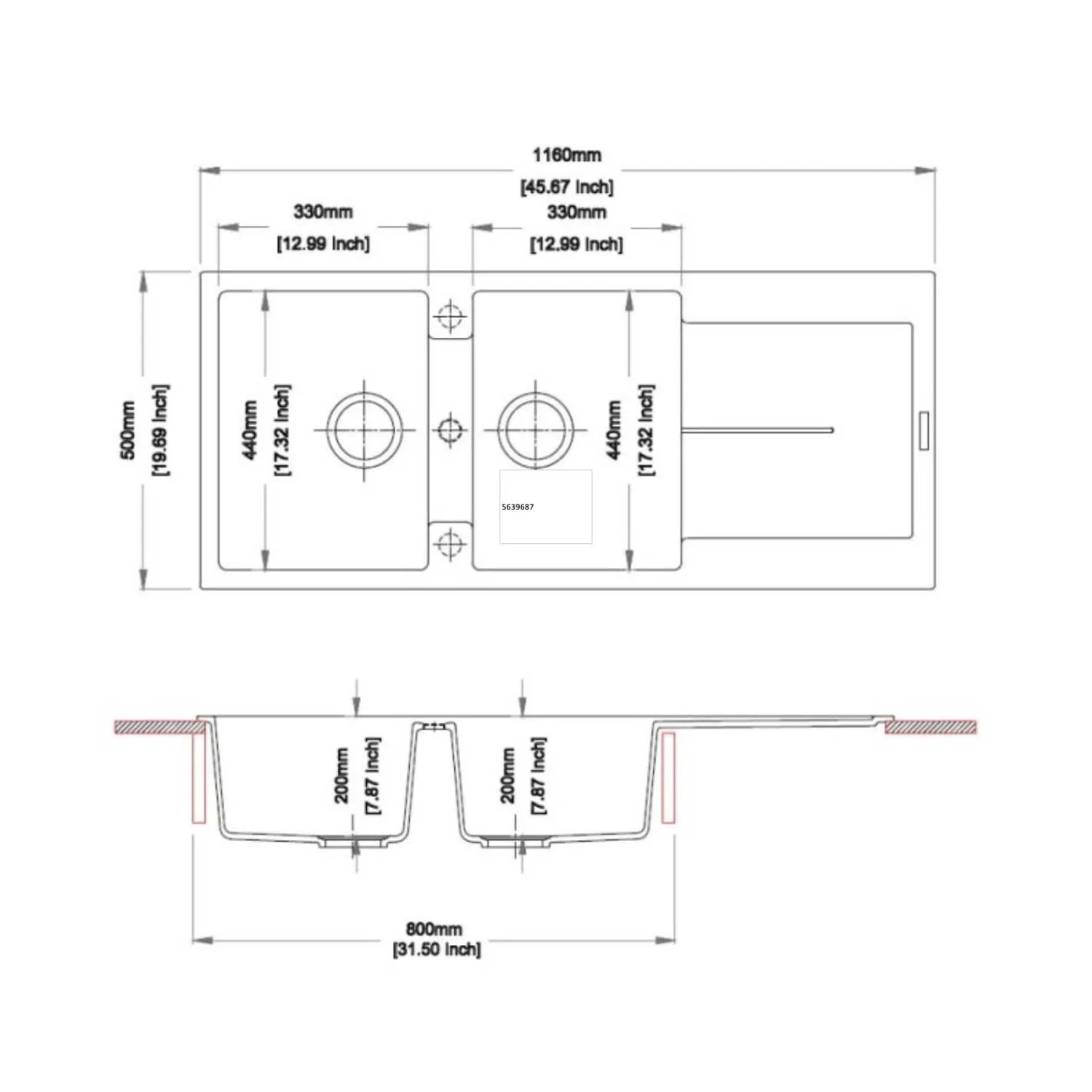Disegno tecnico: Lavello in acciaio inox con dimensioni.
