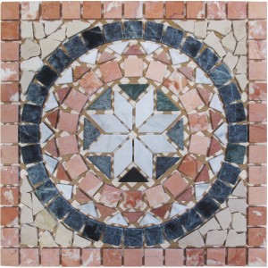 Piastrella a mosaico quadrata con motivo a stella nei toni del rosa, grigio e bianco.