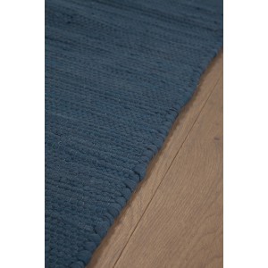 Tappeto/zerbino blu in tessuto su pavimento in legno.