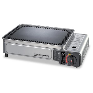 Fornello da campeggio compatto Kemper con piastra grill, ideale per viaggiare.