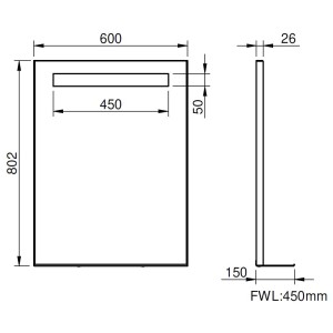 Disegno tecnico dello specchio da parete t.b.t. con dimensioni.