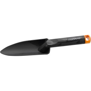 Paletta da trapianto Fiskars Solid, utensile da giardino in plastica nera resistente.