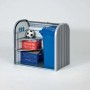 Box universale Biohort StoreMax 120 grigio quarzo metallizzato con ripiani, bidone e oggetti.