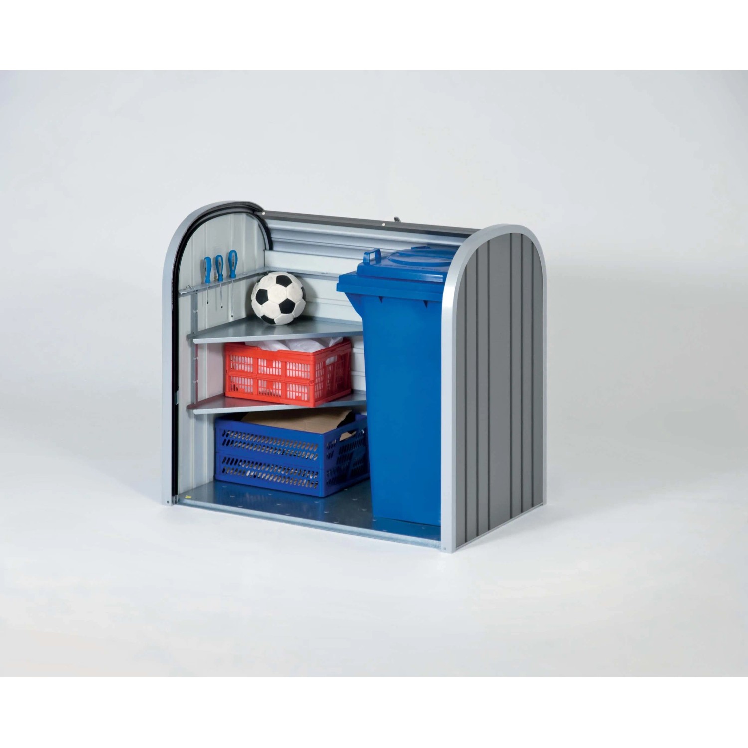 Box universale Biohort StoreMax 120 grigio quarzo metallizzato con ripiani, bidone e oggetti.
