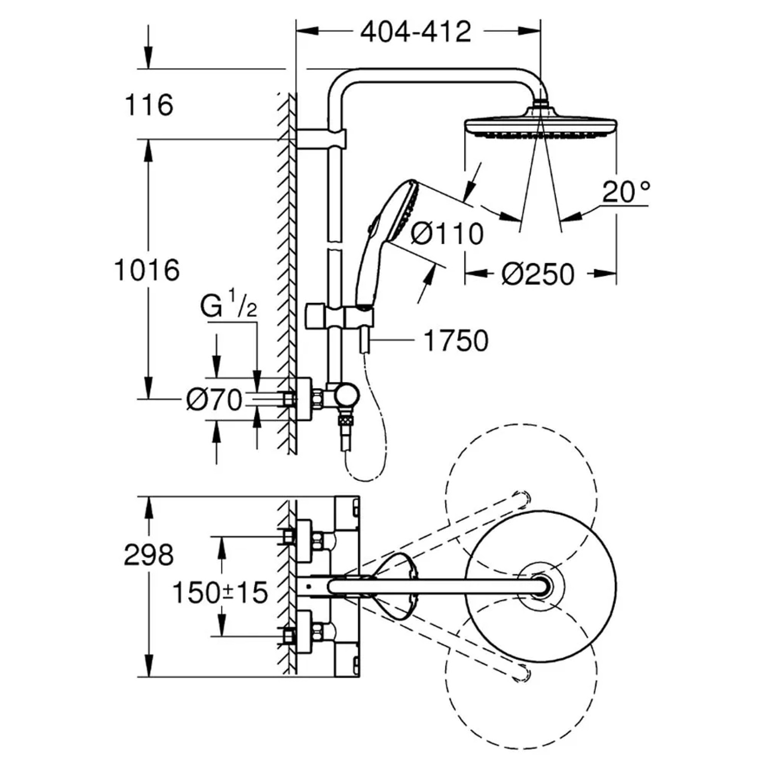 Disegno tecnico: Sistema doccia Grohe Vitalio Start 250 con termostato, dimensioni e dettagli.