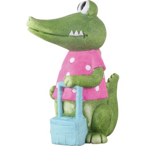 Statuetta decorativa a forma di coccodrillo bambina (39 cm) con valigia per giardino e terrazza.