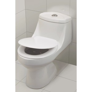 Sedile WC Xingu bianco in Duroplast con cerniere in acciaio inox su un water.
