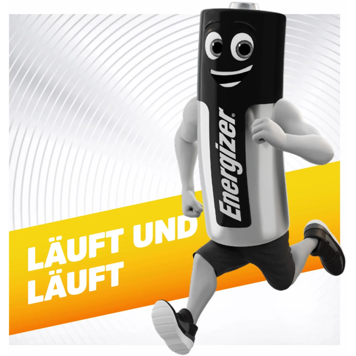 Batteria Energizer come personaggio dei cartoni animati che corre. Batterie alcaline AA Power.