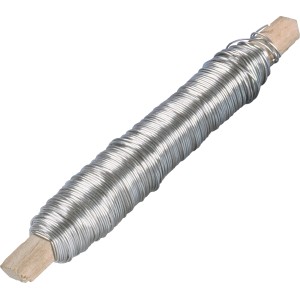 Filo di legatura argentato, zincato, spessore 0,7 mm e lunghezza 40 m, avvolto su bastoncino di legno.