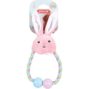 Giocattolo per cani a forma di coniglio rosa con corda e palline a rilievo.