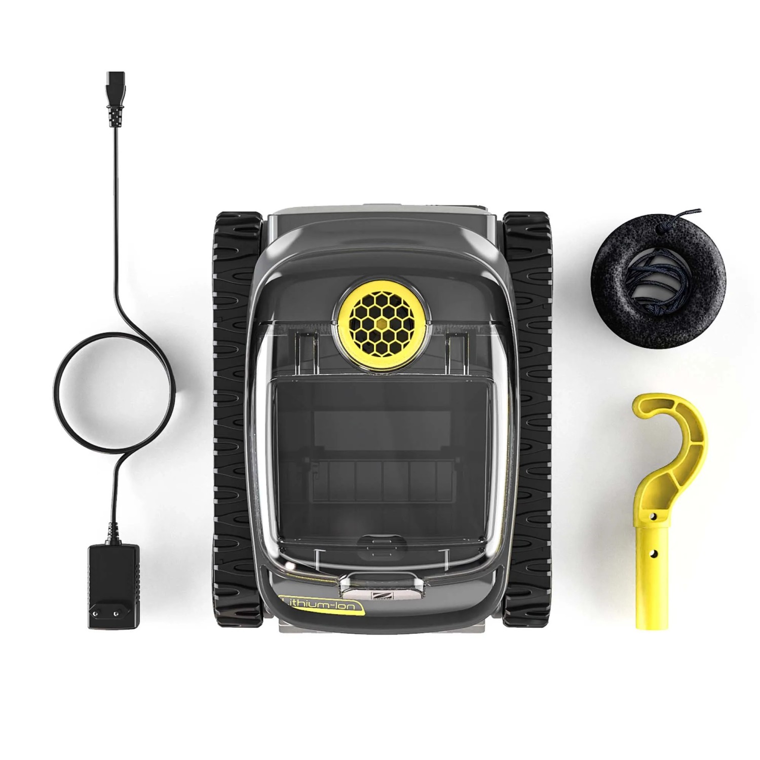 Robot per piscina t.b.t., vista dall'alto. Con accessori: cavo, galleggiante e gancio giallo.