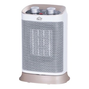 Termoventilatore elettrico compatto bianco e beige con manopole rotative.