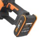 Motosega a una mano Worx WG326E 20 V con batteria, vista dettagliata.
