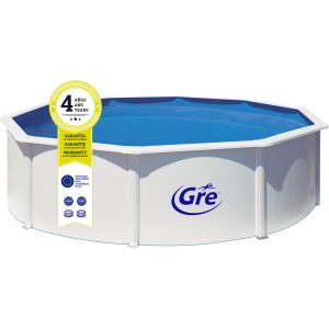 Piscina fuori terra Gre Fidji in acciaio bianco, Ø 460 cm, con liner blu e logo del produttore.