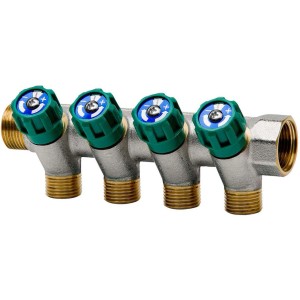 Collettore t.b.t. per rubinetto lavello con quattro uscite e valvole verdi.