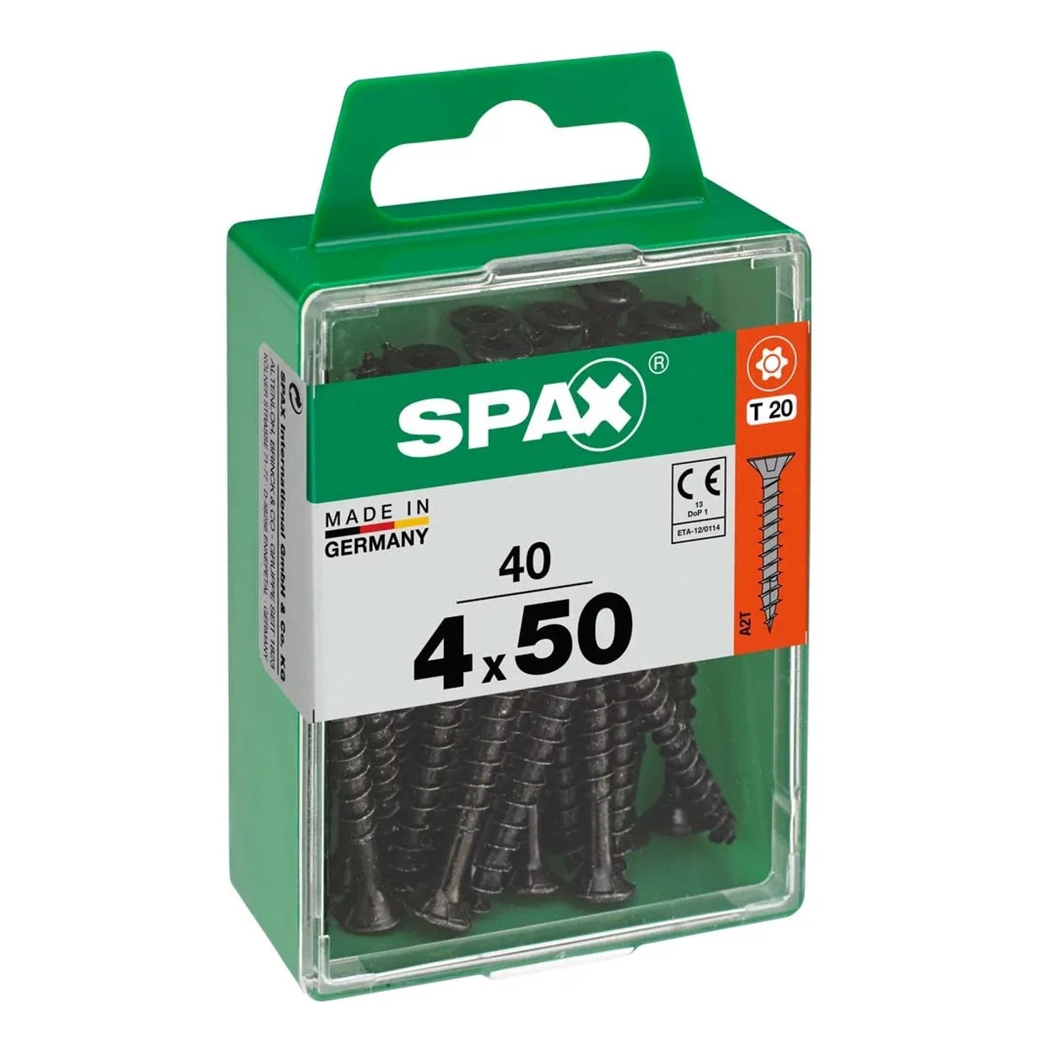 Viti SPAX 4x50 mm in contenitore di plastica verde. Soluzione di fissaggio universale.