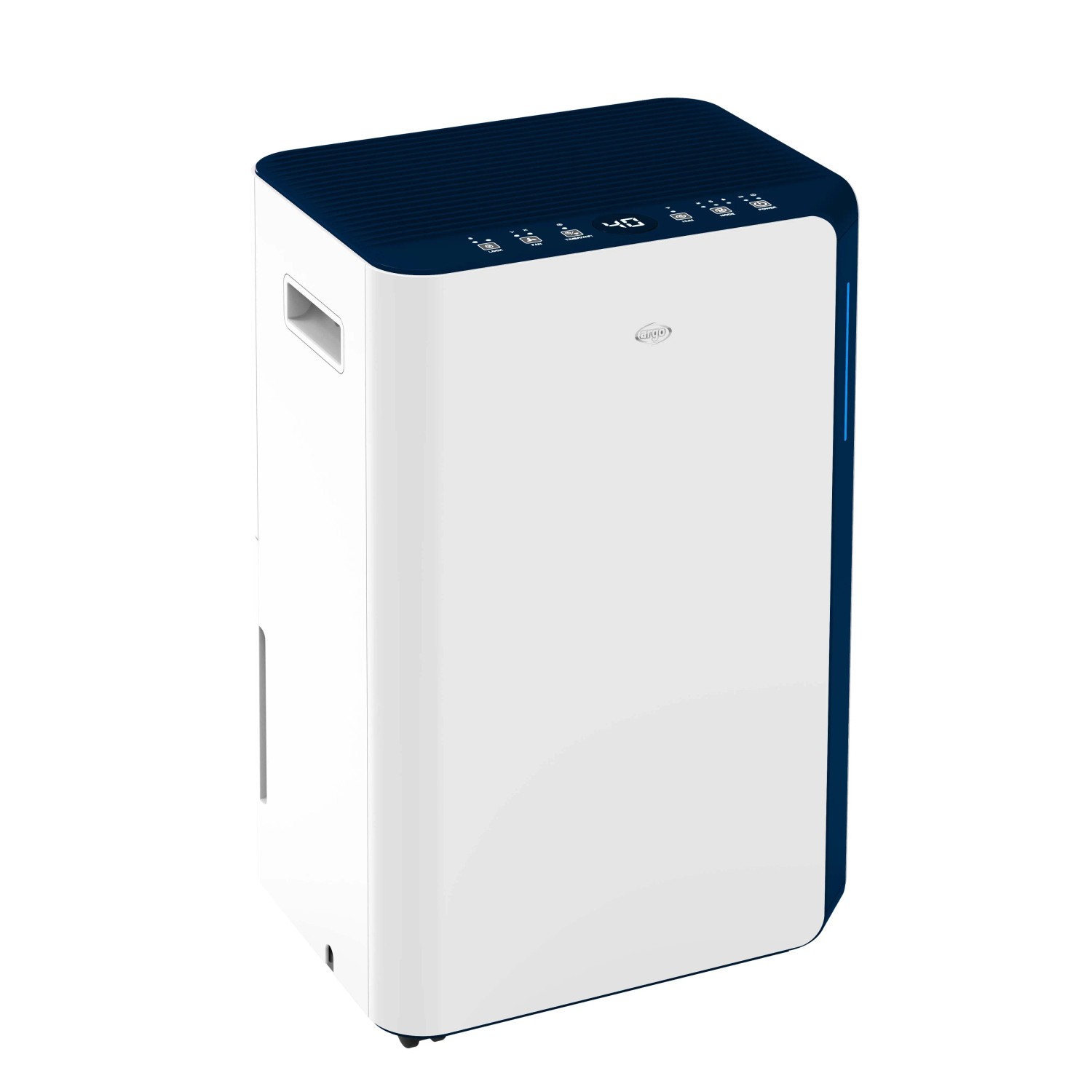 Deumidificatore bianco con bordo blu. Ideale per ridurre l'umidità.