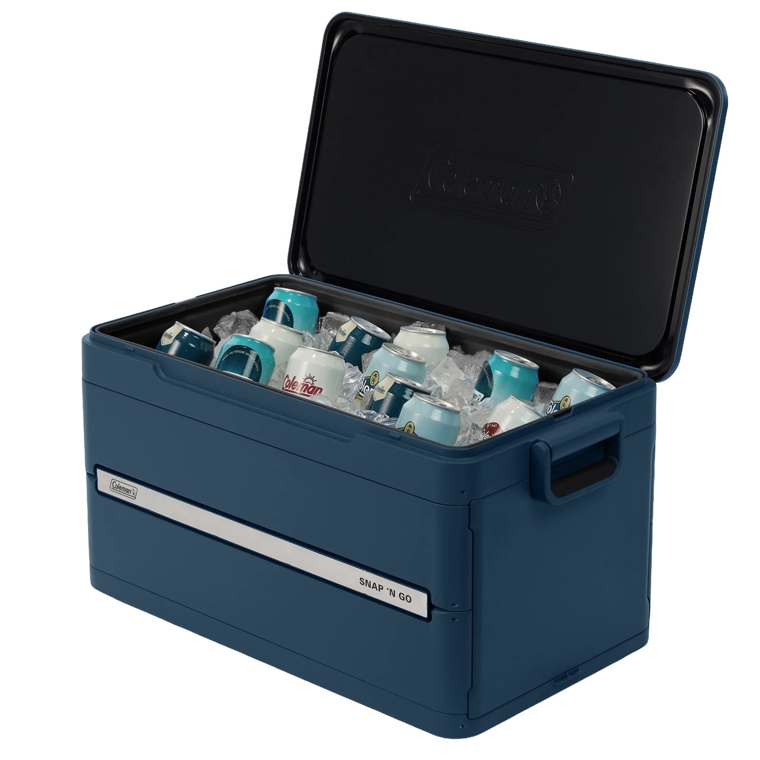 Frigorifero portatile Coleman Snap'N Go blu aperto (42 l) con ghiaccio e lattine.