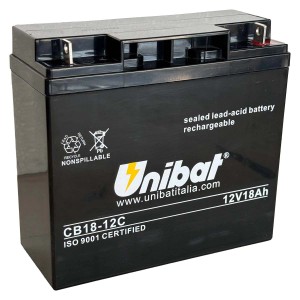 Batteria nera Unibat 12V 18Ah per impianto elettrico auto.