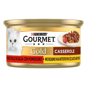 Gourmet Gold Casserole cibo umido per gatti, con manzo e pollo in confezione dorata.