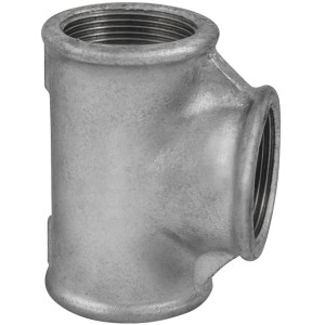 Raccordo a T in acciaio, filettato per connessioni di tubi.