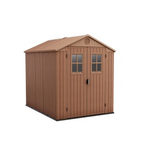 Casetta da giardino in plastica marrone con doppia porta e finestre.