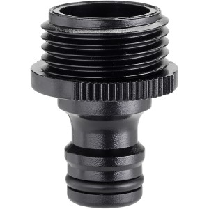 Raccordo irrigazione nero con filettatura e anelli di tenuta.