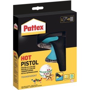 Pistola per colla a caldo Pattex nella confezione, con stick di colla. Ideale per l'artigianato e la decorazione.