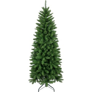 Albero di Natale artificiale Inderoy verde e stretto, alto 150 cm, con supporto in metallo.