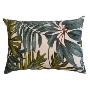Cuscino decorativo da esterno con motivo a foglie tropicali.