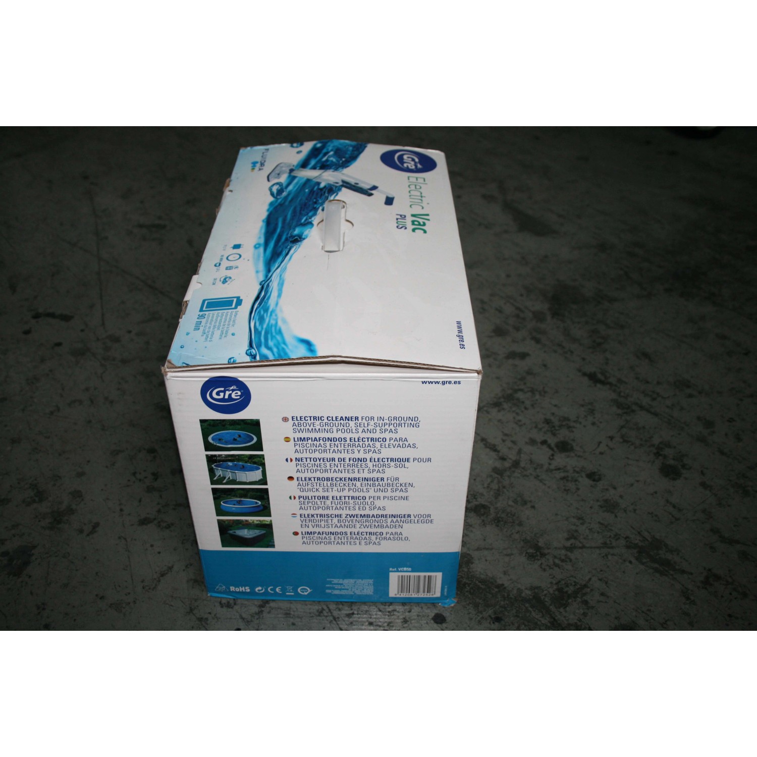 Confezione del pulitore per piscine e spa senza fili Gre Poolreiniger Electric Vac Plus.