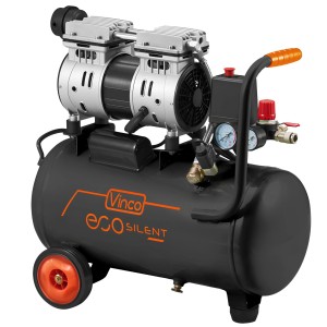 Compressore silenziato Vinco, senza olio, con ruote e maniglia per un facile trasporto.