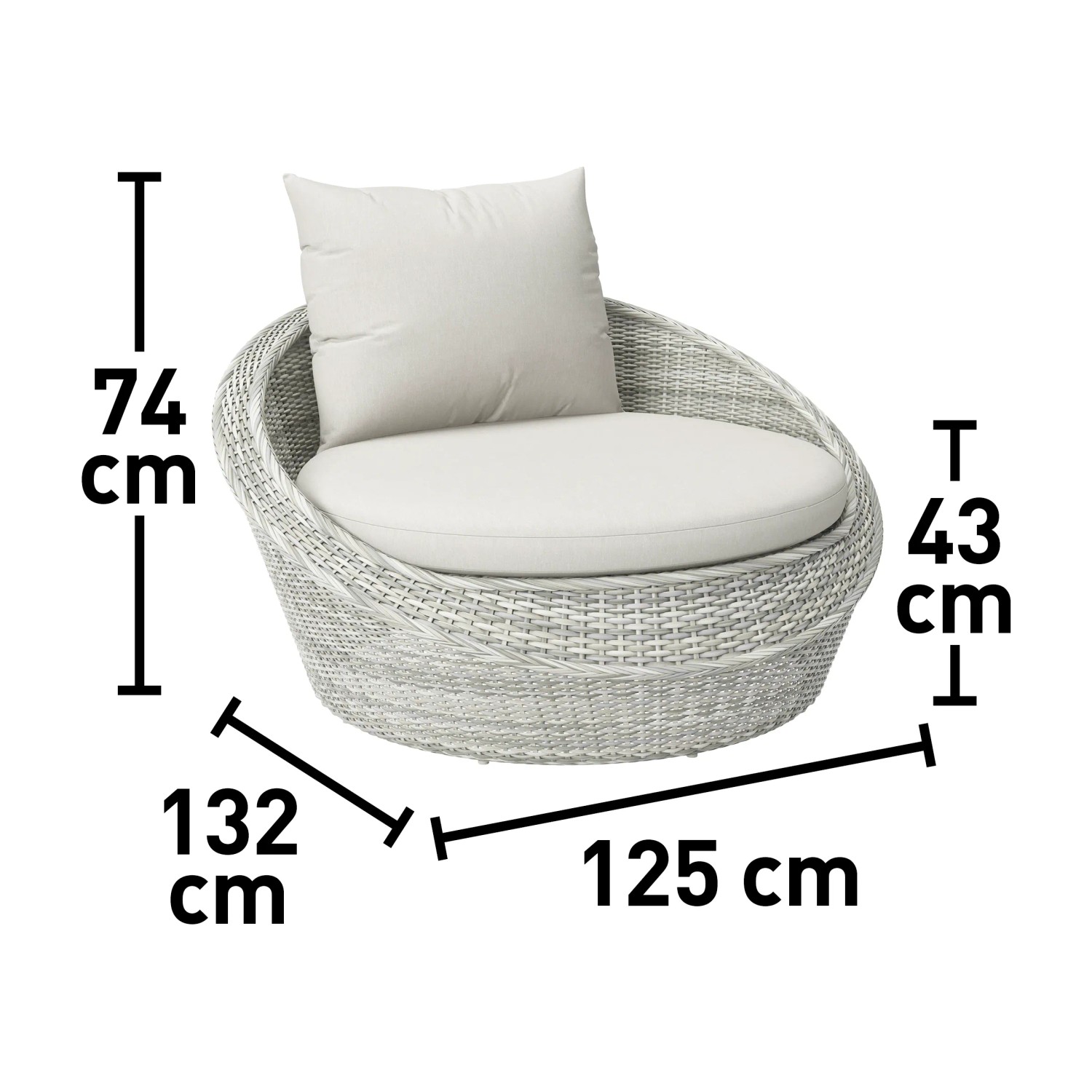 Poltrona rotonda in rattan con cuscino, parte della categoria Divani e poltrone da esterno, con dimensioni.