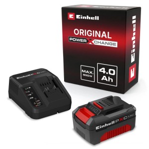 Einhell Power X-Change Starter Kit: batteria nera 18V 4Ah, caricabatterie e confezione rossa per elettroutensili.