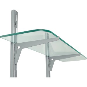 Ripiano in vetro con supporto a parete per sistema di scaffalatura. Uso versatile.