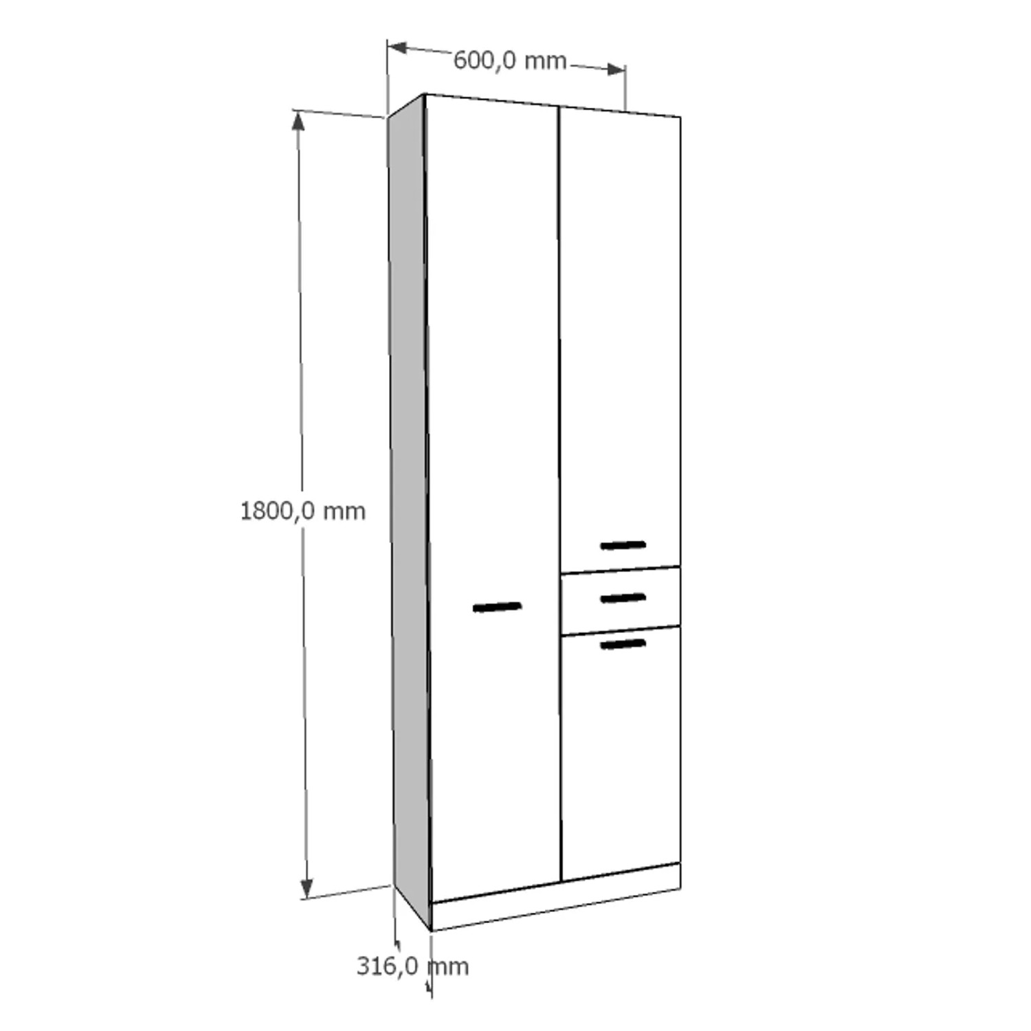 Schizzo: mobile bagno t.b.t. con dimensioni (altezza 1800 mm, larghezza 600 mm, profondità 316 mm).