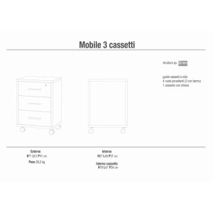 Disegno tecnico: t.b.t. cassettiera ad archivio con 3 cassetti e dimensioni.