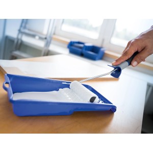 Vaschetta per pittura LUX blu (22x20cm) con rullo e pittura bianca. Secchi e griglie.