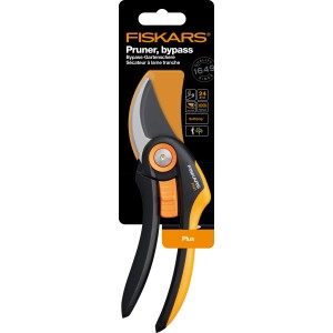 Fiskars Bypass Pruner Plus P521, cesoie da giardino con manico nero e lama arancione.