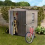 Casetta da giardino in plastica Keter (3,39 m²) con porta aperta e bicicletta davanti. Ideale per riporre gli attrezzi.
