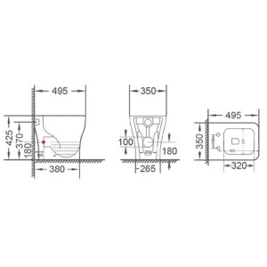 Disegno tecnico di un WC a terra con quote per l'installazione e le dimensioni.