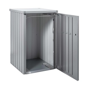 Box per bidoni Biohort Alex aperta, argento metallizzato, con meccanismo di ribaltamento per una facile rimozione.