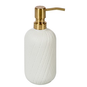 Dispenser sapone bianco con motivo a coste e pompa color oro.