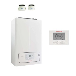 Caldaia a condensazione a gas bianca con display digitale e accessori.