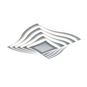 Plafoniera LED t.b.t. moderna e curva in bianco con area luminosa quadrata.