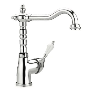 Miscelatore monocomando t.b.t. lucido con maniglia bianca per cucina o bagno.