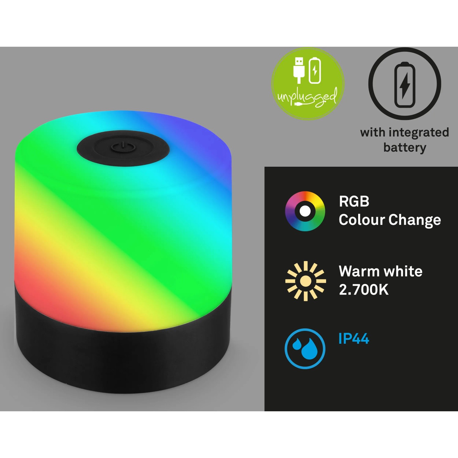 Lampada da tavolo a batteria Brilo Smal nera con cambio colore RGB e luce bianca calda.