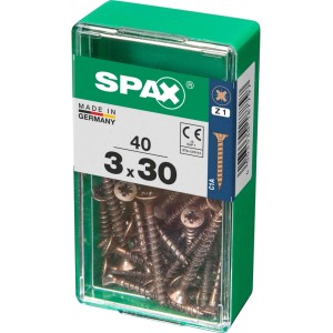 Viti per legno SPAX 3x30 mm in contenitore di plastica verde.